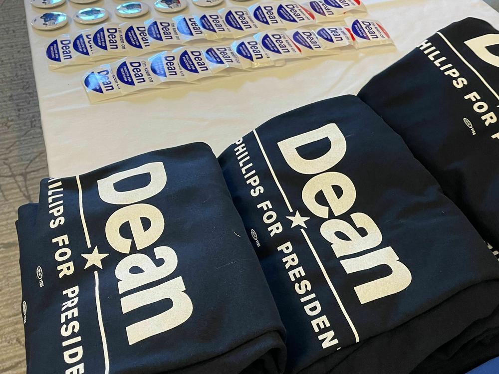 Campaign merchandise for Rep. Dean Phillips' campaign at a town hall event at the RiverWoods retirement community in Exeter, N.H. on Dec. 8, 2023.