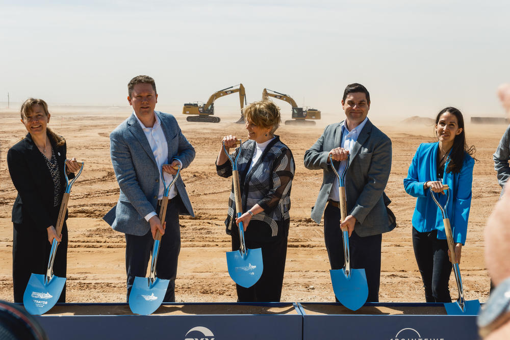 Occidental CEO Vicki Hollub (center) stands with other executives from the oil giant, along with partner companies, at the groundbreaking celebration for the Stratos direct air capture plant.