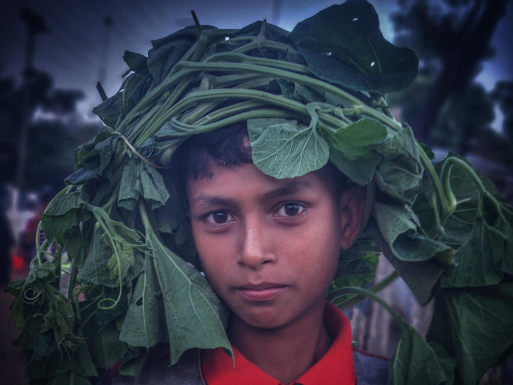Arfat Ahmed, age 10, photographed on Nov. 8, 2022 as he returns to his family's dwelling with gourd leaves to cook for dinner. This is one of the photos by the four Rohingya photographers honored for drawing attention to the plight of what the U.N. has called the 
