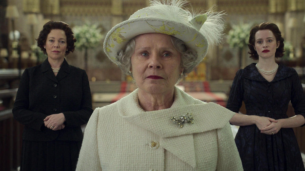 Queen Elizabeth II, as portrayed by Olivia Colman (left) Imelda Staunton (center) and Claire Foy (right).