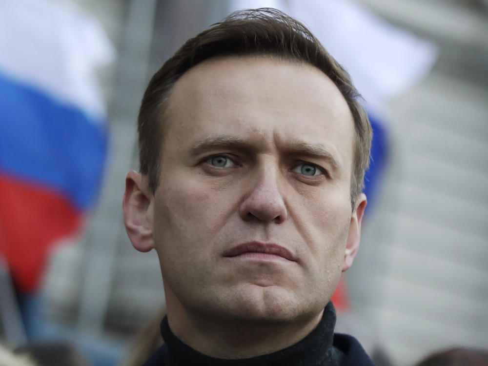 Russian opposition leader Alexei Navalny takes part in a march in Moscow on Feb. 29, 2020. Associates say he has been located at a prison colony above the Arctic Circle nearly three weeks after contact with him was lost.
