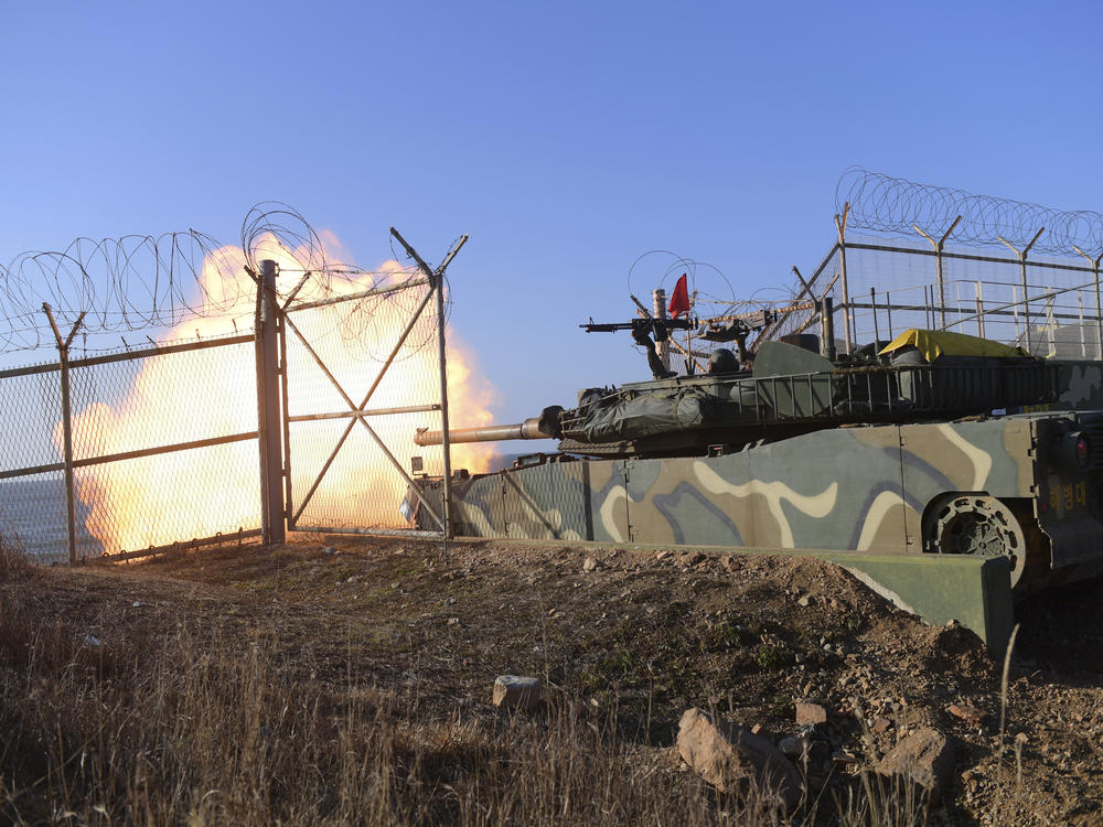 A South Korean tank fires during exercises at the Northwest Islands area of South Korea on Friday.