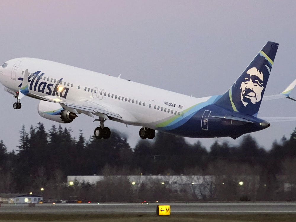 The first Alaska Airlines passenger flight on a Boeing 737-9 Max airplane takes off on a flight to San Diego from Seattle-Tacoma International Airport in Seattle on March 1, 2021.