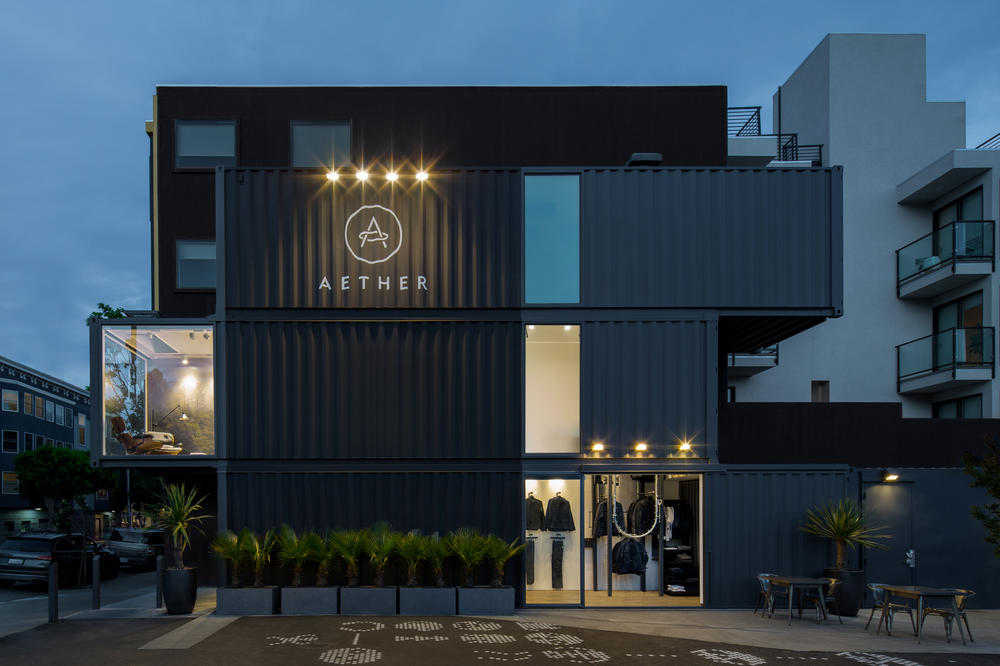 The clothing company Aether's retail store in San Francisco, part of the city's Proxy development, is made out of three shipping containers.
