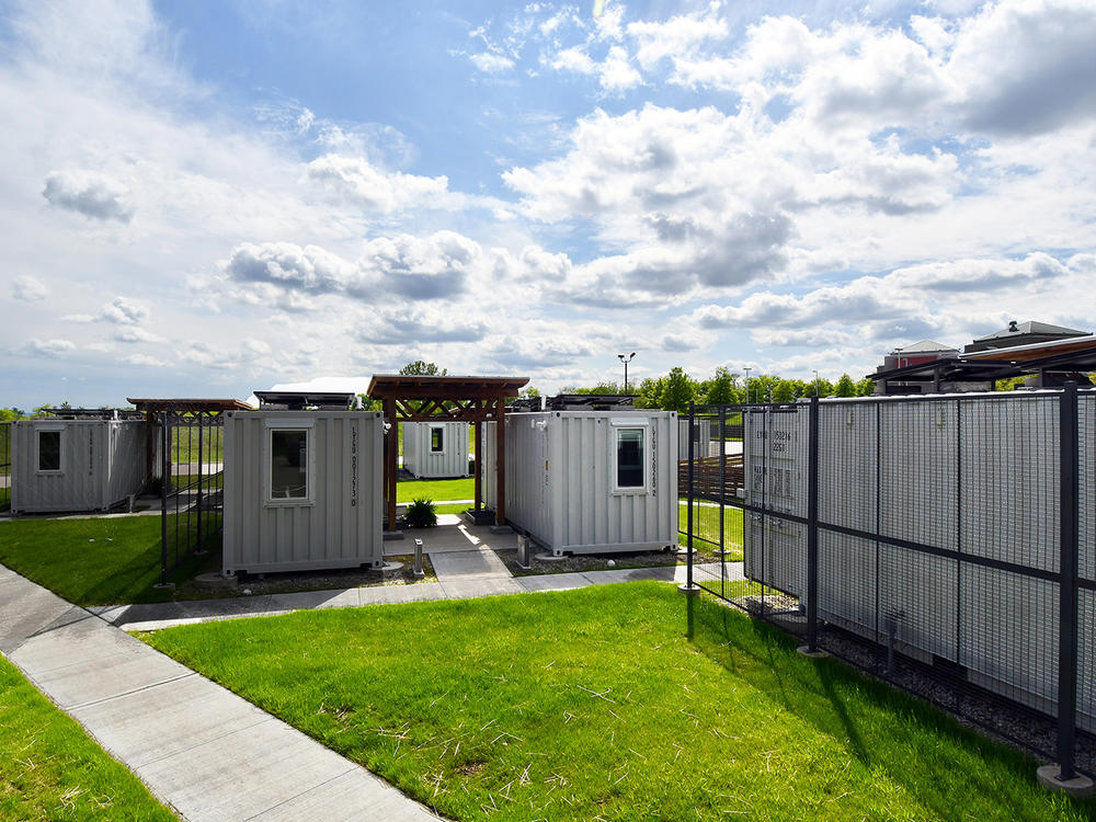 Shipping containers are used in the Monarch Village temporary housing development in Lawrence, Kansas.