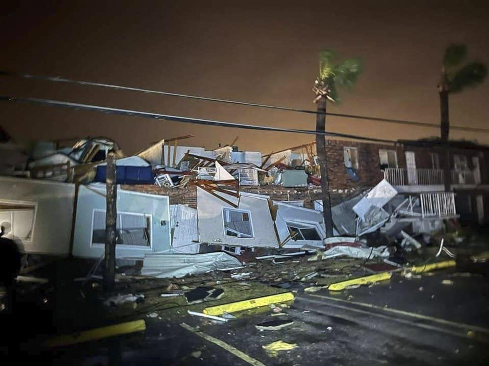 This photo provided by Bay County Sheriff's Office shows damage around Panama City Beach, Fla., on Tuesday, Jan. 9, 2024, after a sprawling storm hit the South with strong thunderstorms and tornado warnings that blew roofs off homes and tossed about furniture in the Florida Panhandle.