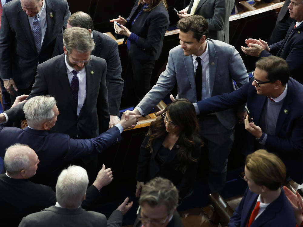 Rep. Tim Burchett, R-Tenn., (second from left) congratulates then-Rep. Kevin McCarthy, R-Calif., after he was elected speaker of the House in January 2023.