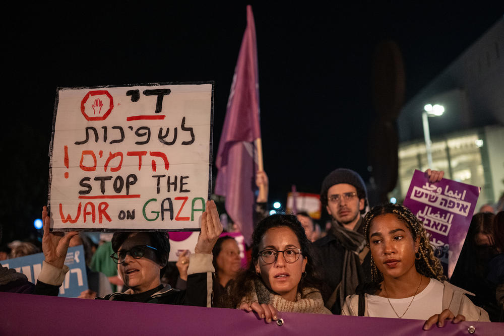 Demonstrators attend a rally calling for an end to the war between Israel and Hamas in Tel Aviv, Israel, on Dec. 28, 2023.