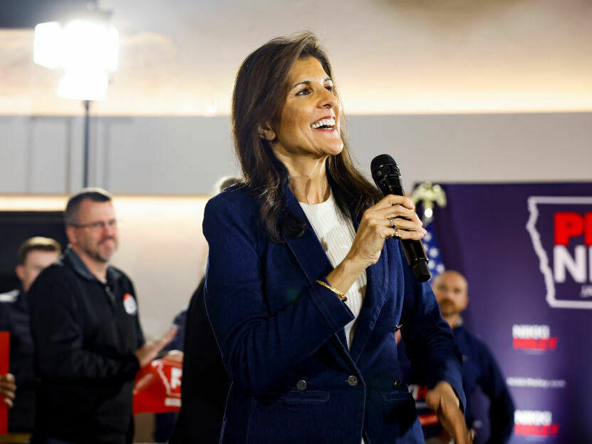 Republican presidential candidate Nikki Haley arrives at a campaign event at the Olympic Theater in Cedar Rapids, Iowa, on Thursday. The state's caucuses will be held on Monday.
