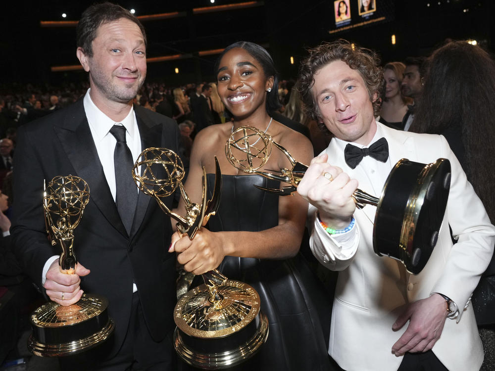 <em>The Bear</em> won the Emmy for Outstanding Comedy Series on Monday night. Ebon Moss-Bachrach, left, and Ayo Edebiri won Emmys for Outstanding Supporting Actor and Outstanding Supporting Actress in a Comedy Series. And Jeremy Allen White won for Outstanding Lead Actor in a Comedy Series.