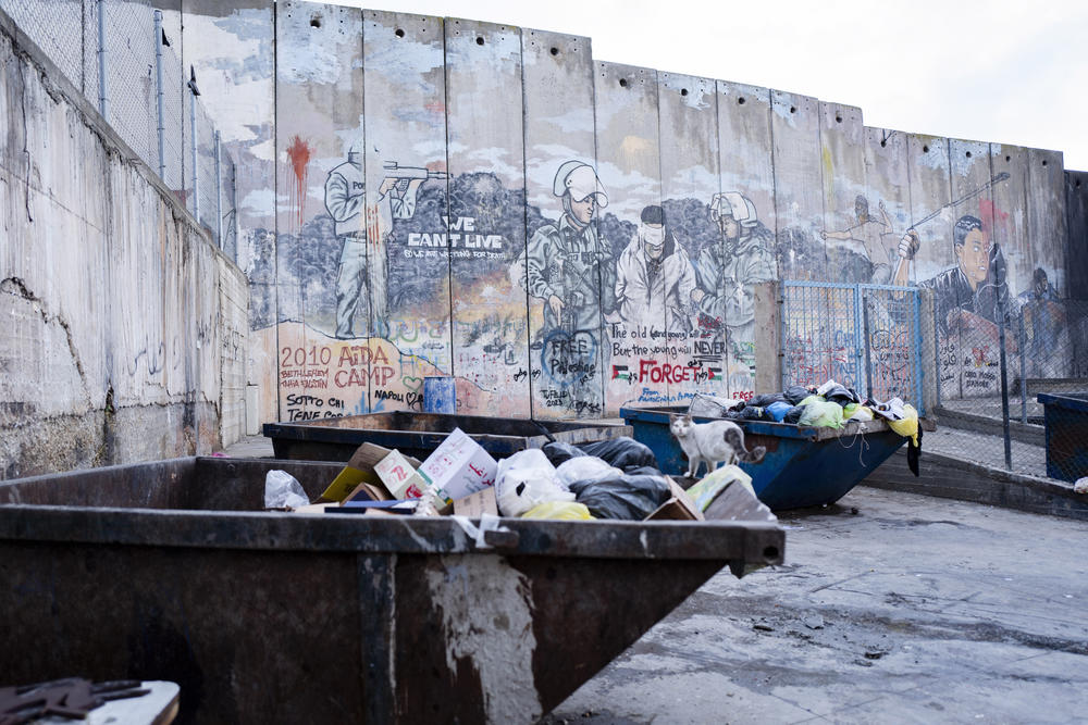 The Israeli separation barrier surrounding the Aida refugee camp in Bethlehem, in the Israeli-occupied West Bank.