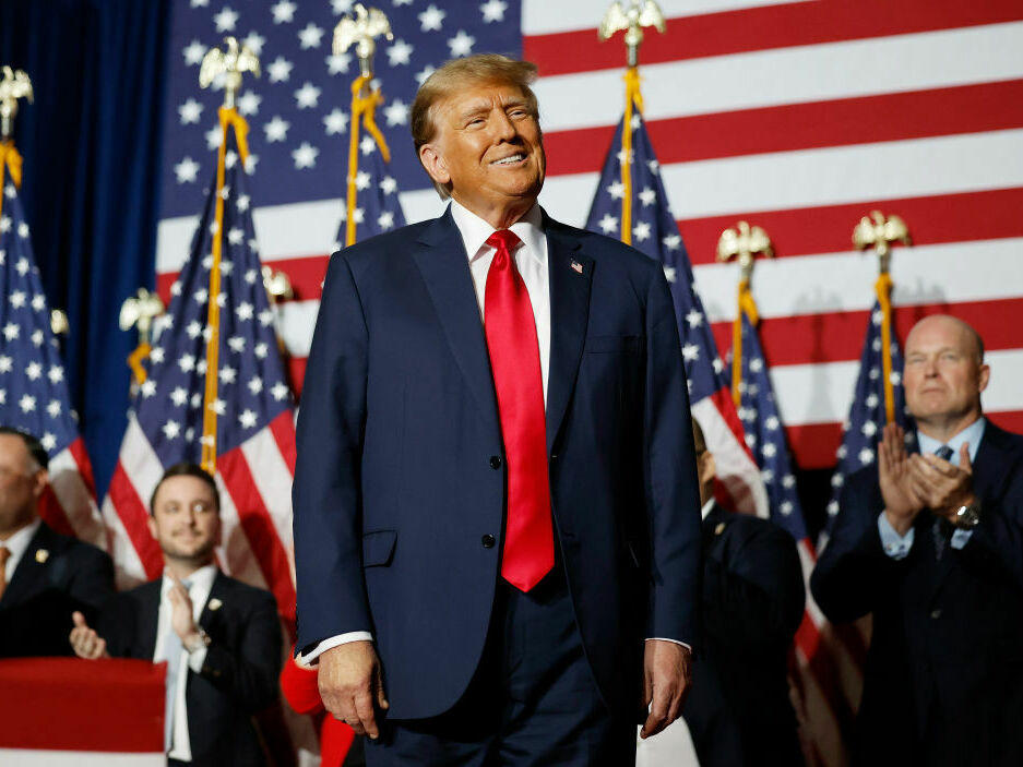Former President Donald Trump speaks at his caucus night event Monday in Des Moines. Trump handily won the caucuses. The next contest of the primary season is in New Hampshire on Jan. 23.