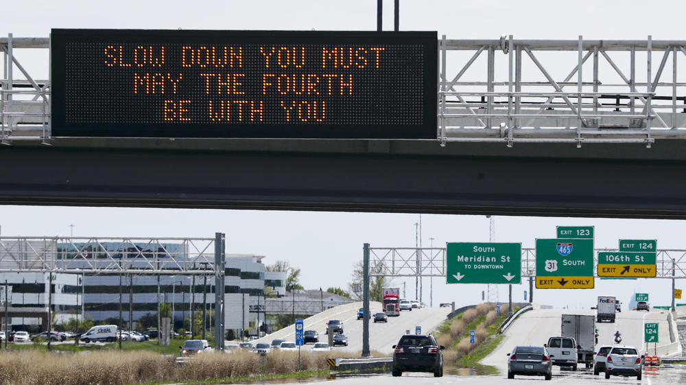 This sign seen in 2020 in Carmel, Indiana along with several others throughout the state, displayed humorous messages for May the Fourth.