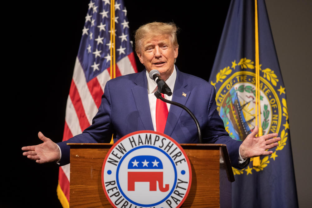 Former President Donald Trump speaks at the New Hampshire Republican State Committee's annual meeting last year.