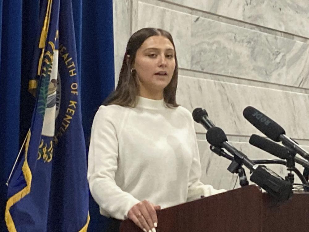 Hadley Duvall speaks at the Kentucky Capitol in Frankfort this month. She appeared in a powerful campaign ad last year recounting being raped and impregnated by her stepfather.
