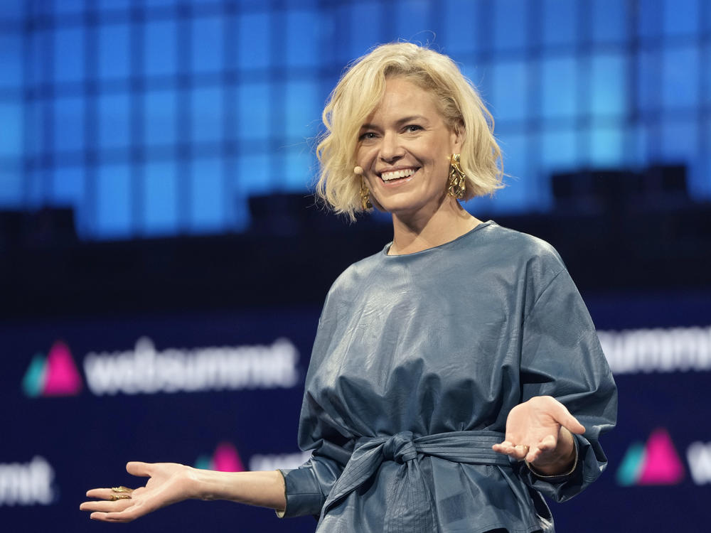 NPR's incoming CEO, Katherine Maher, speaking at Web Summit last fall. She briefly led that organization after its founder resigned following comments he made about Israel and Gaza.