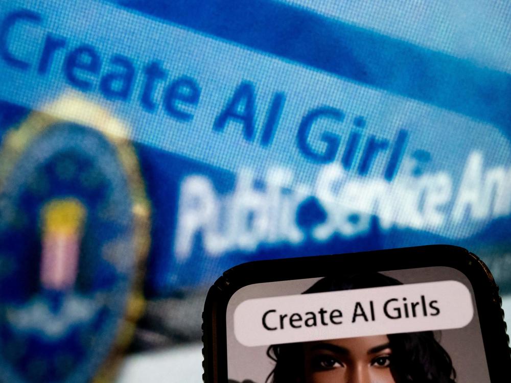 A photo illustration created last July shows an advertisement to create AI girls reflected in a public service announcement issued by the FBI regarding malicious actors manipulating photos and videos to create explicit content and sextortion schemes. A boom in deepfake porn is outpacing U.S. and European efforts to regulate the technology.