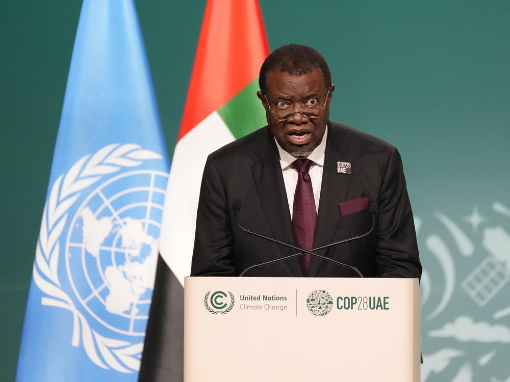 FILE - Namibia President Hage Geingob speaks during a plenary session at the COP28 U.N. Climate Summit, on Dec. 1, 2023, in Dubai, United Arab Emirates. Namibian president has died in a hospital where he was receiving treatment, his office said Sunday, Feb. 4, 2024.