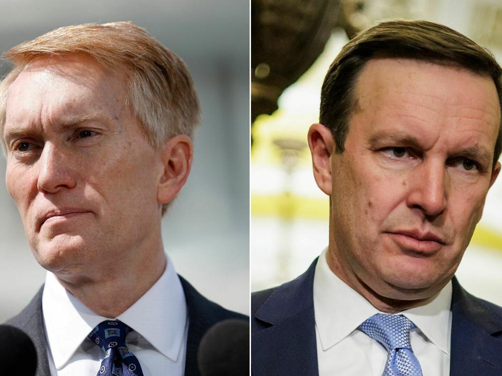 Left: Sen. James Lankford, R-Okla., speaks on border security and Title 42 during a press conference at the Capitol on May 11, 2023. Right: U.S. Senator Chris Murphy, D-Conn., at press conference on Jan. 23, in Washington, D.C.
