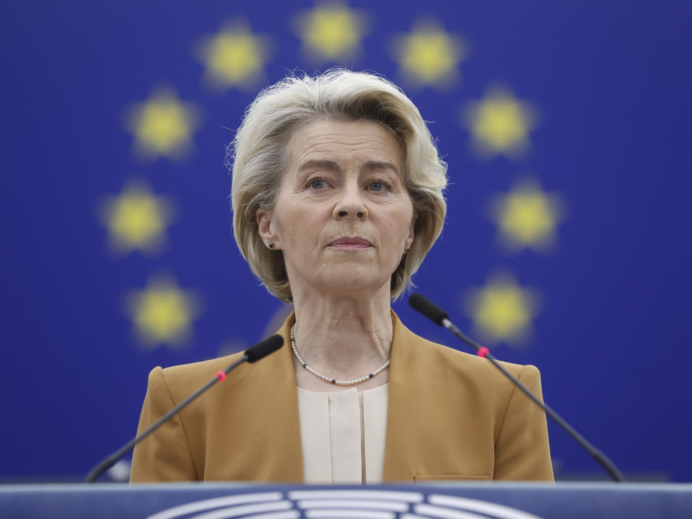 European Commission President Ursula von der Leyen delivers her speech at European Parliament in Strasbourg, eastern France, Tuesday, Feb. 6, 2024.