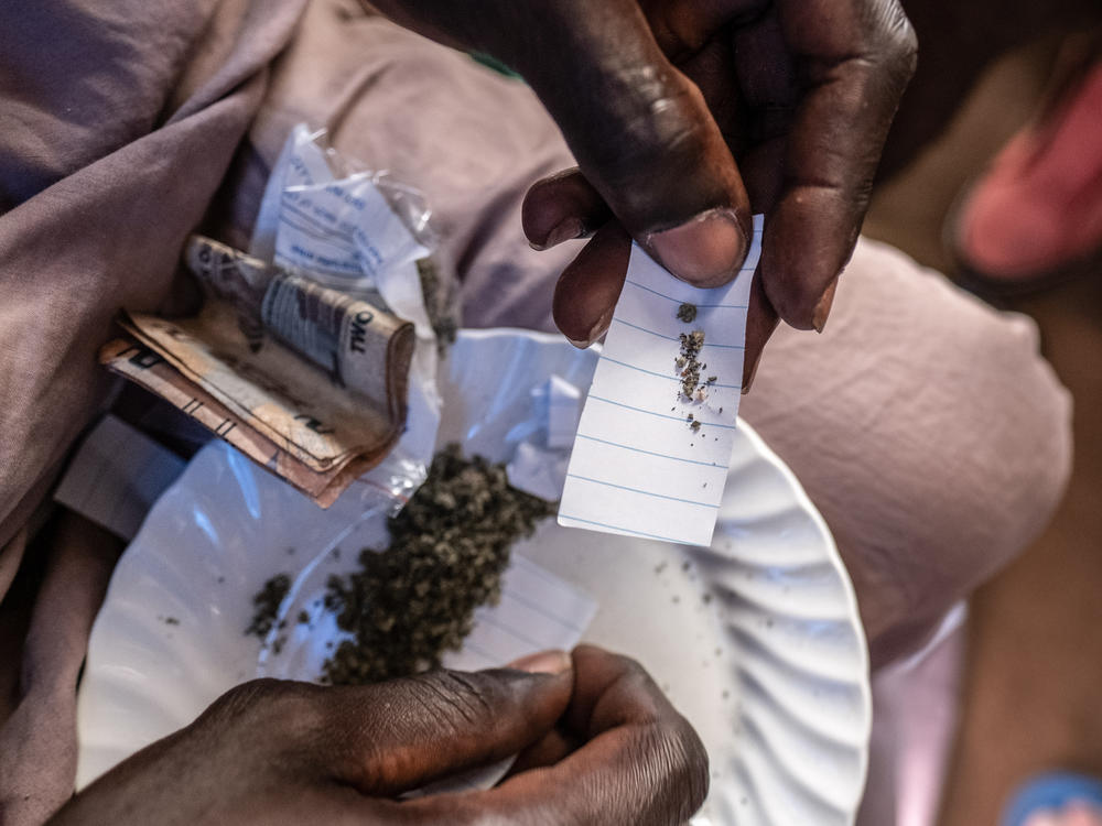 A kush dealer measures out a portion of kush, which will be wrapped in a paper packet and sold for as little as 5,000 Leones (roughly $0.25), in Freetown, Sierra Leone.