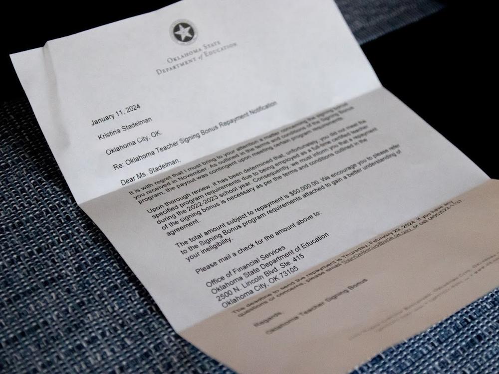 Kristina Stadelman received this letter from the Oklahoma State Department of Education demanding she return her full $50,000 bonus. The department said she wasn't eligible.