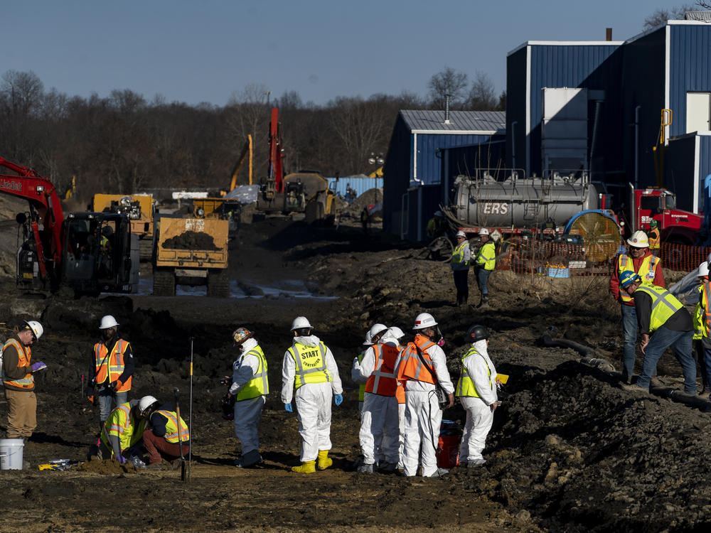 EPA and EPA contractors collect soil and air samples from the derailment site on March 9, 2023 in East Palestine, Ohio.