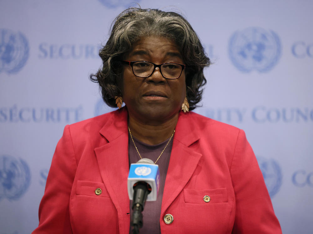 U.S. Ambassador to the U.N. Linda Thomas-Greenfield speaks during a press conference at the United Nations headquarters.