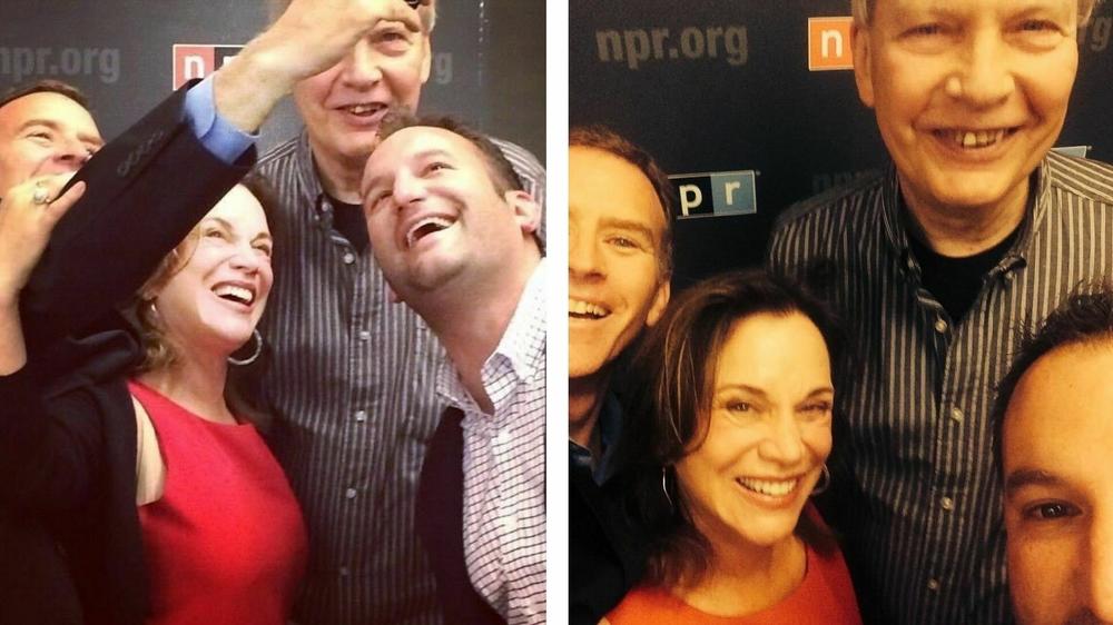 Bob Edwards takes a selfie with Steve Inskeep, Renee Montagne and David Greene outside an NPR office in 2014.