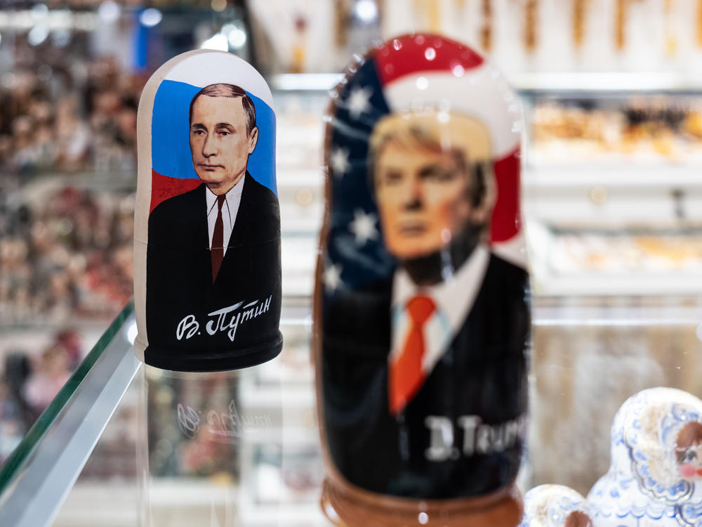 A souvenir shopkeeper displays Matryoshka dolls featuring Russian President Vladimir Putin and former US presidents, including Donald Trump in Moscow.  In recent years the one-time party of Reagan and current party of Trump has shown an increasing admiration of Russia and Vladimir Putin.