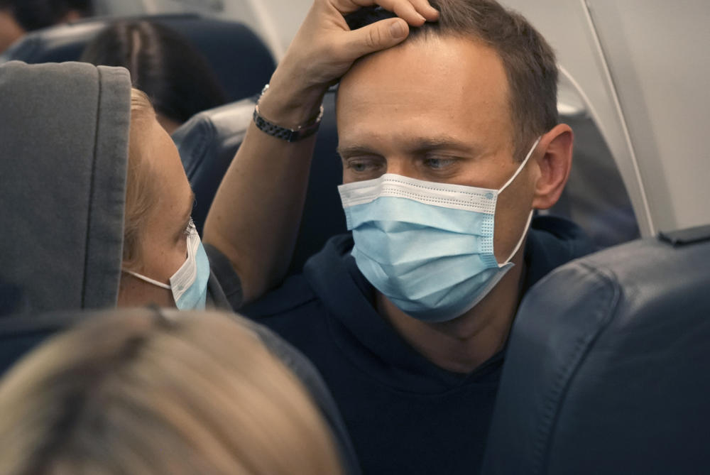 Alexei Navalny and his wife Yulia sit on the plane on a flight to Moscow on Jan. 17, 2021.