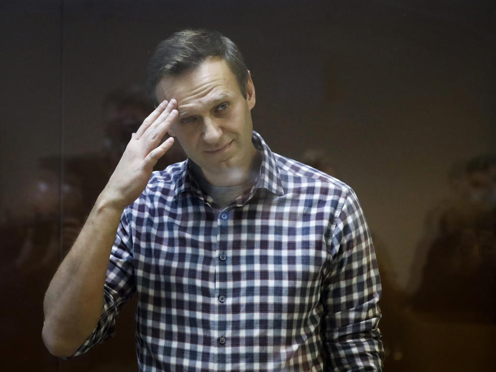 Russian opposition leader Alexei Navalny, shown in a February 2021 court session.