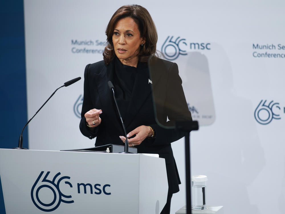 Vice President Harris speaks at the Munich Security Conference in Germany on Friday..
