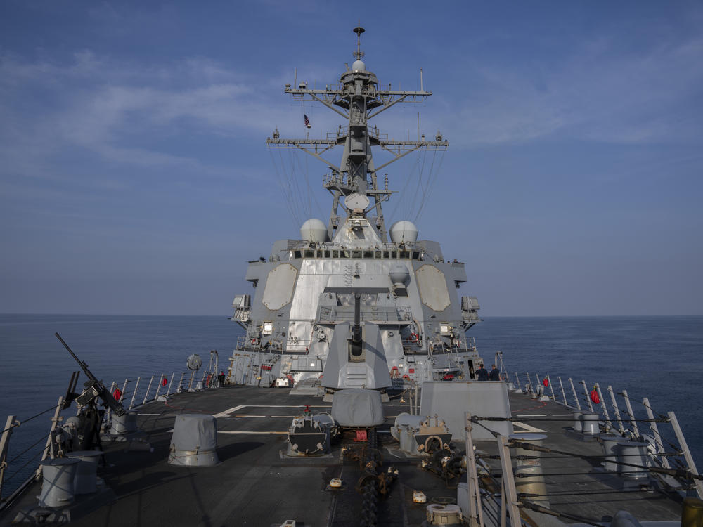 The U.S.S. Gravely destroyer is seen in the south Red Sea on Tuesday, Feb. 13. CENTCOM said U.S. forces repelled five Houthi attacks on Saturday.