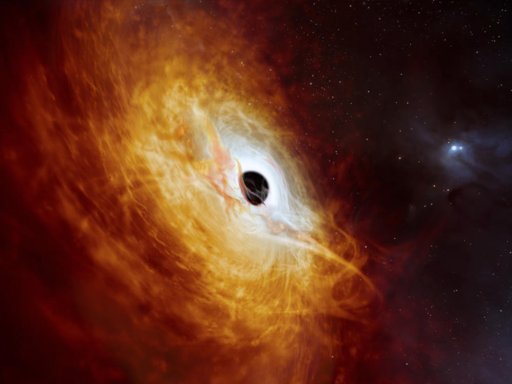 This illustration provided by the European Southern Observatory this month depicts the record-breaking quasar J059-4351, the bright core of a distant galaxy that is powered by a supermassive black hole.