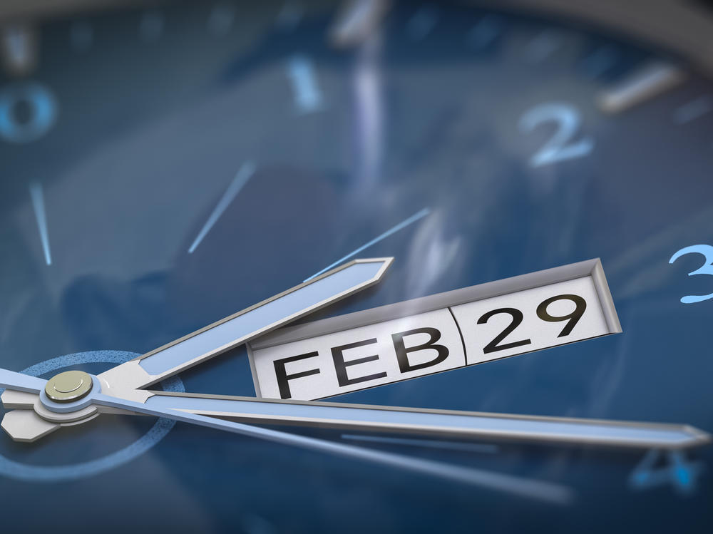 A clock showing February 29, also known as leap day. They only happen about once every four years.