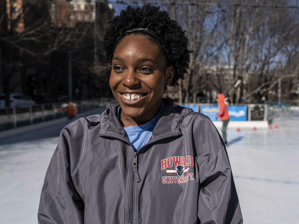 Cheyenne Walker of Howard University Ice Skating Organization on the ice at Canal Park Ice Rink in Washington, D.C.