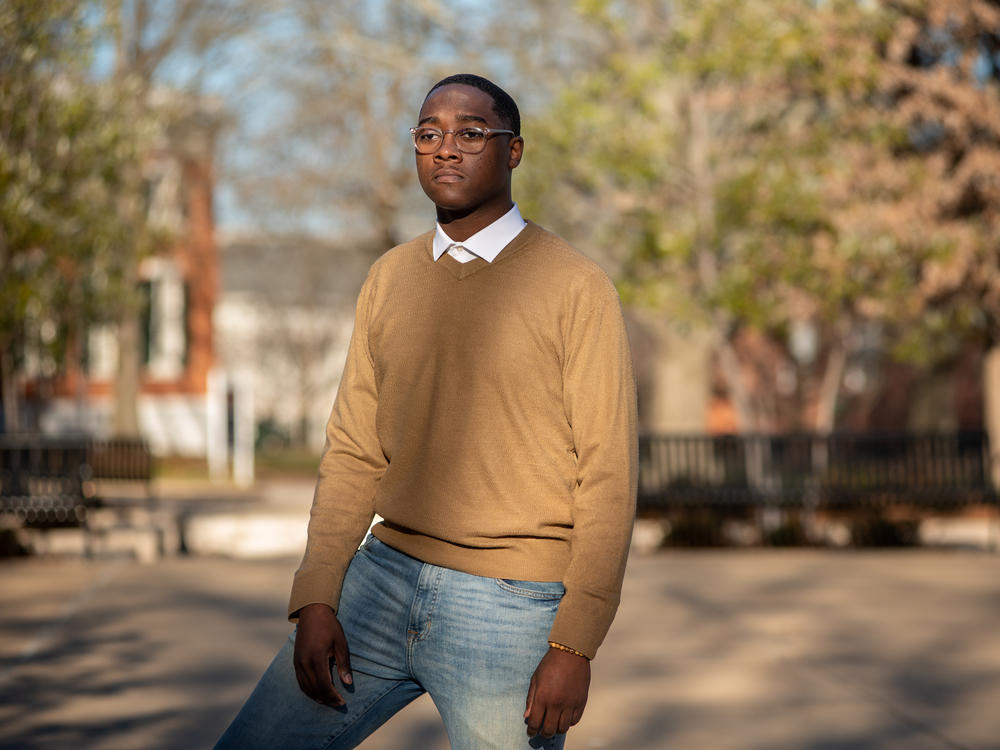 University of Mississippi student, Robert Mister, poses for a portrait on the campus, Feb. 18. He's a junior majoring in electrical engineering. Mister says he's a beneficiary of what Black students demanded in 1970.