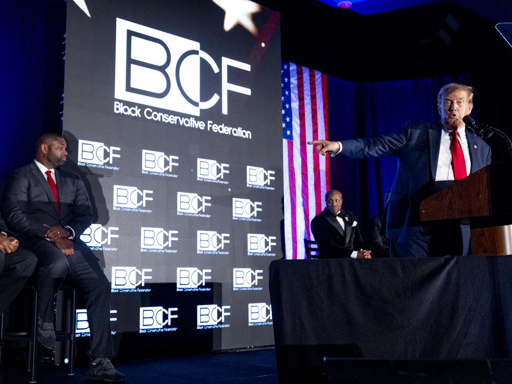 From left, former U.S. Secretary of Housing and Urban Development Ben Carson, Rep. Byron Donalds, R-Fla., and Rep. Wesley Hunt, R-Texas, right, appear on stage as Republican presidential candidate former President Donald Trump speaks at the Black Conservative Federation's Annual BCF Honors Gala in Columbia, S.C., Friday.