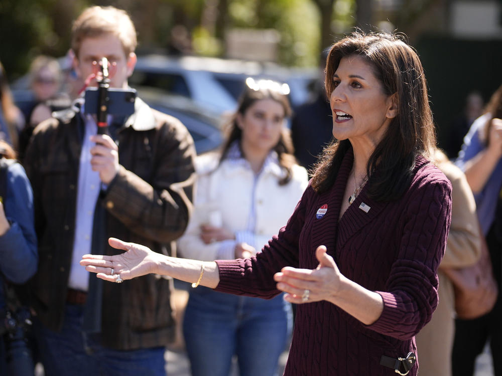 Republican presidential candidate former UN Ambassador Nikki Haley talks to the media after voting Saturday in Kiawah Island, S.C. Haley called former President Donald Trump's comments about Black voters 