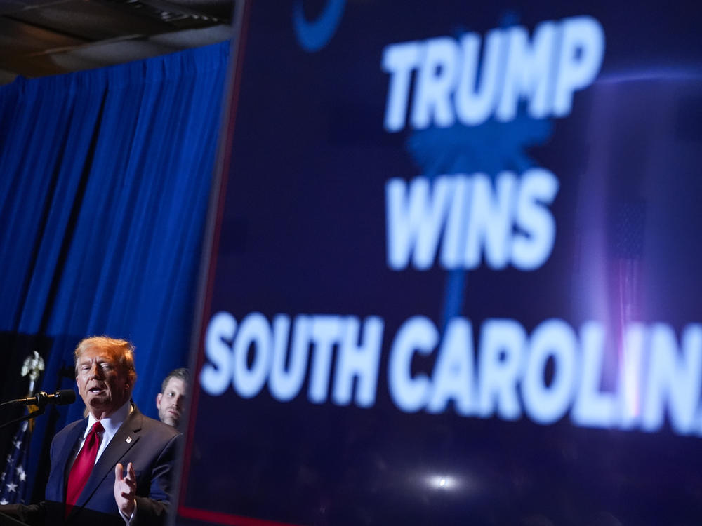 Republican presidential candidate former President Donald Trump speaks at a primary election night party at the South Carolina State Fairgrounds in Columbia, S.C., on Saturday.