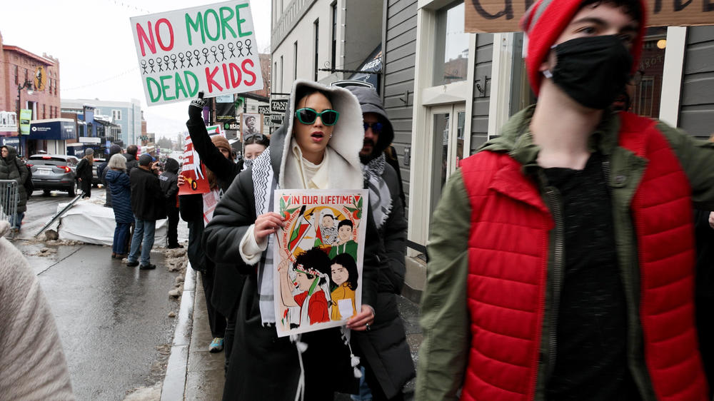 In this screengrab from video, Actress Melissa Barrera (green sunglasses) attends a pro-Palestine march hosted by Let Gaza Live on January 21, 2024 in Park City, Utah. The protest took place during the Sundance Film Festival.