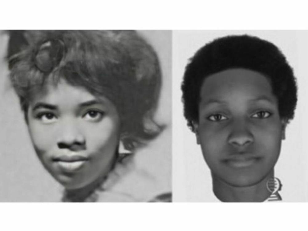 A side-by-side comparison between Sandra Young (left) and an image rendered in 2021 using DNA technology (right.)