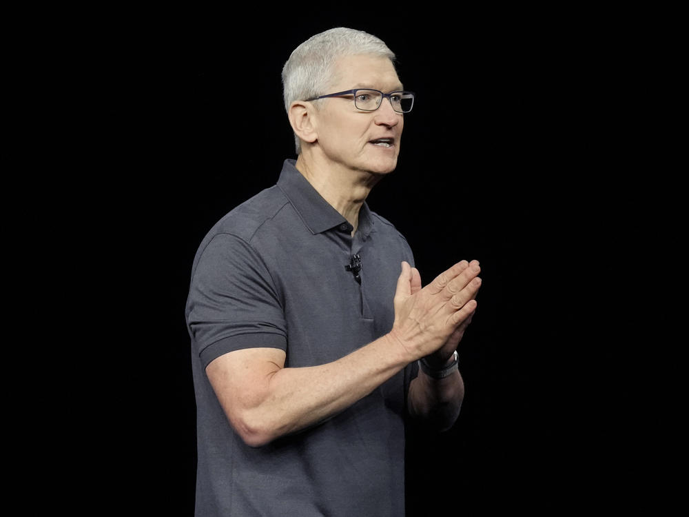 Apple CEO Tim Cook speaks during an announcement of new products on the Apple campus in September 2023.