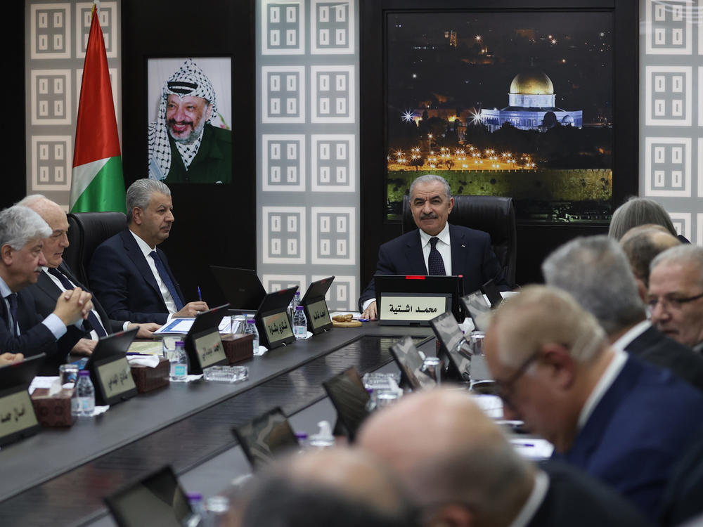 Prime Minister Mohammad Shtayyeh of the Palestinian Authority speaks at the government's weekly meeting in Ramallah on Monday and announces his resignation.
