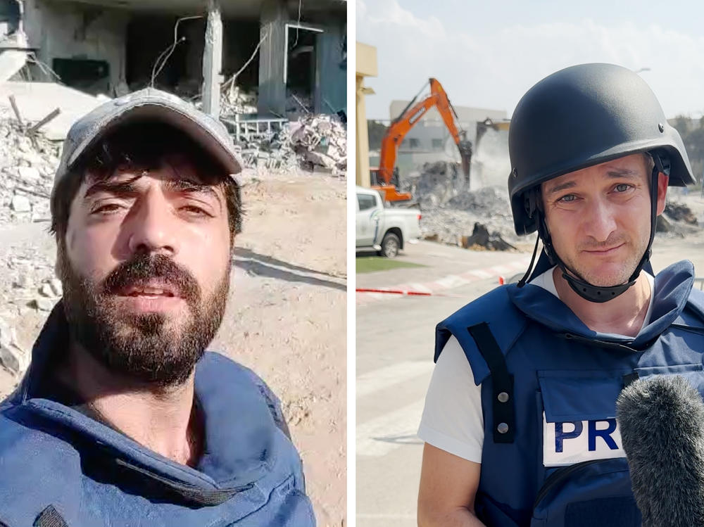 Left: NPR producer Anas Baba reports in Rafah, southern Gaza, after an Israeli strike hit the area on Oct. 17, 2023. Right: NPR's Jerusalem correspondent Daniel Estrin reports in Sderot, Israel on Oct. 11, 2023.