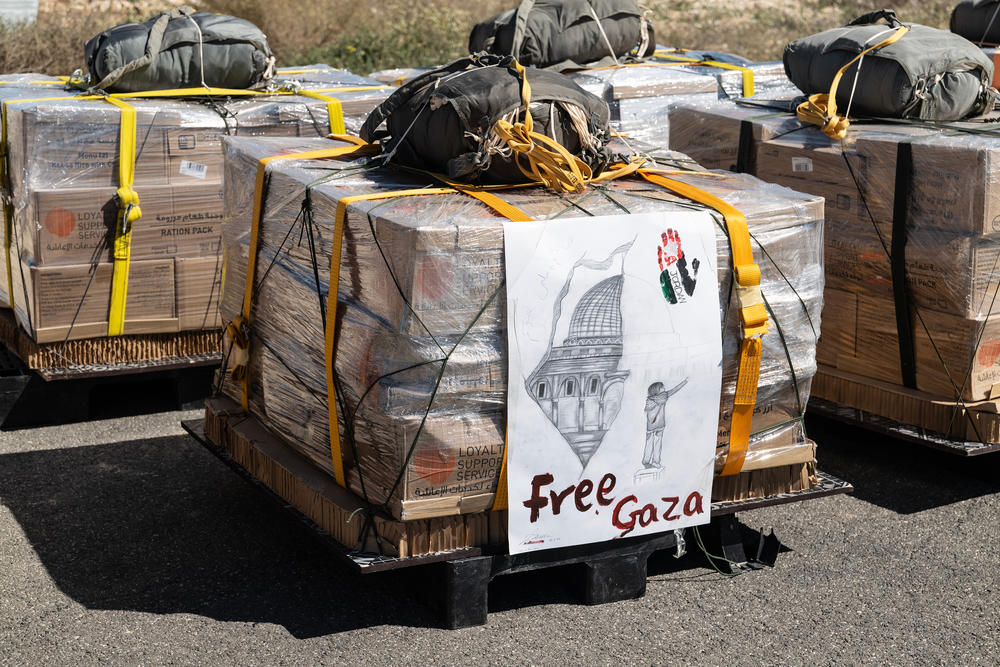 Jordanian school children attached messages to pallets of aid to be airdropped over Gaza by the Jordanian Air Force.