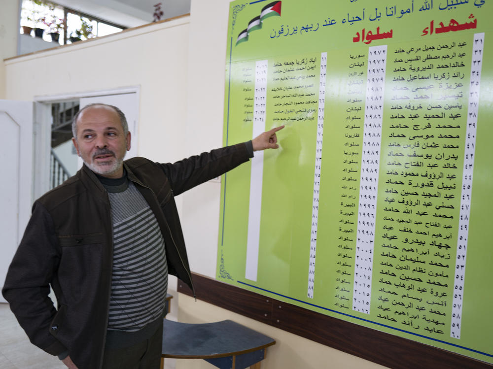 Raed Nimr Hamed, the mayor of Silwad, points out the town's list of those killed while fighting Israel's occupation of the West Bank.