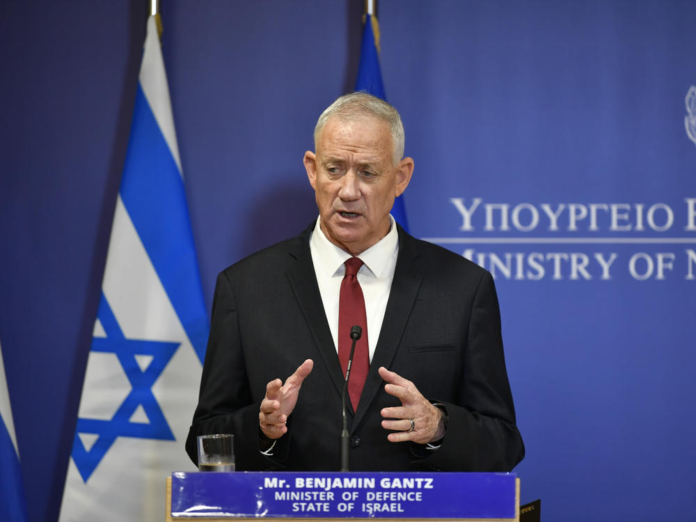 Israeli Defense Minister Benny Gantz speaks during a press conference with his Greek counterpart in Athens, Greece, in November 2022. Gantz was due in Washington, D.C., on Monday for a meeting with Vice President Kamala Harris.