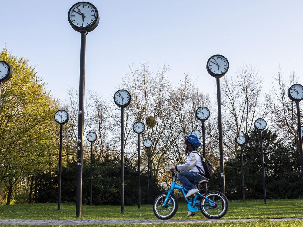 The <em>Zeitfeld</em> (<em>Time Field</em>) clock installation by Klaus Rinke is seen at a park in Düsseldorf, Germany, in 2019.